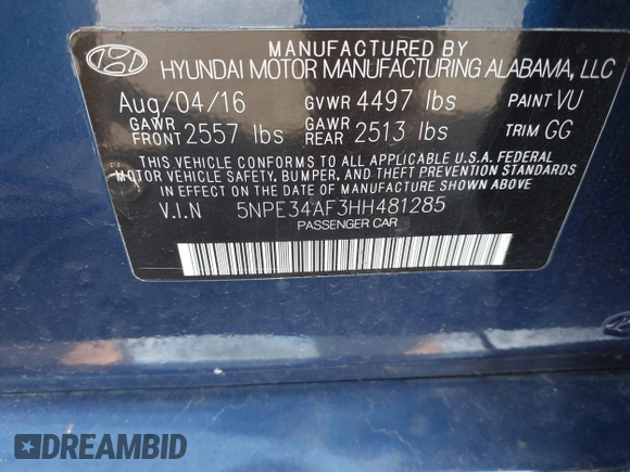 2017 Hyundai Sonata Sport with VIN 5NPE34AF3HH481285, listed as a IAAI auction lot 41950164 with 49,273 mi miles and . Bid and sale history available at DreamBid. Image 9.