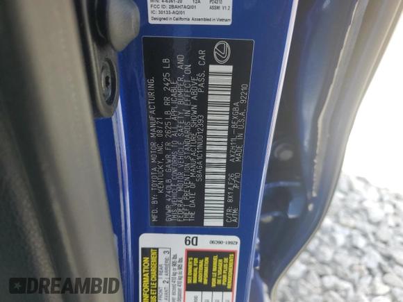 2022 Lexus ES 300h F Sport with VIN 58AGA1C11NU012393, listed as a Copart auction lot 56214745 with 31,764 mi miles and Salvage title. Bid and sale history available at DreamBid. Image 12.