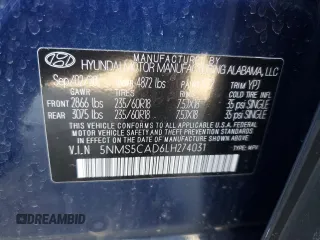 2020 Hyundai Santa Fe Limited with VIN 5NMS5CAD6LH274031, listed as a Copart auction lot 48226125 with 25,676 mi miles and Salvage Title. Bid and sale history available at carsss.com. Image 13.