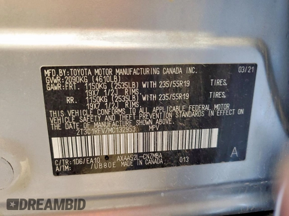 2021 Toyota RAV4 XLE Premium with VIN 2T3C1RFV7MC132953, listed as a Copart auction lot 60598085 with 111,013 mi miles and Clean title. Bid and sale history available at DreamBid. Image 12.