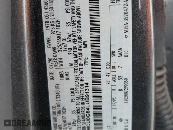 2020 Ford Escape SE z VIN 1FMCU0G64LUB91314, wystawiony jako Copart lot #58558185 z przebiegiem 78 251 mil mil oraz Szkoda całkowita • Salvage title. Historia ofert i sprzedaży dostępna na DreamBid. Obrazek 14.