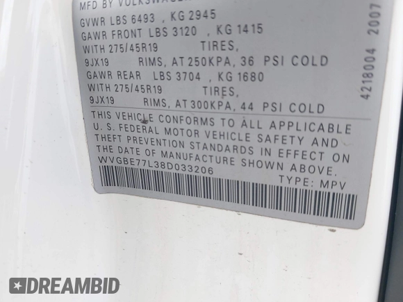 2008 Volkswagen Touareg V6 z VIN WVGBE77L38D033206, wystawiony jako IAAI lot #41903936 z przebiegiem Nie podano mil oraz . Historia ofert i sprzedaży dostępna na DreamBid. Obrazek 9.