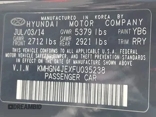 2015 Hyundai Genesis 3.8L with VIN KMHGN4JEXFU035238, listed as a IAAI auction lot 42007463 with 96,557 mi miles and . Bid and sale history available at DreamBid. Image 9.