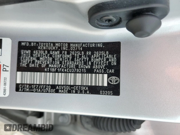 2014 Toyota Camry L with VIN 4T1BF1FK4EU379215, listed as a Copart auction lot 53617965 with Not Provided miles and Salvage Title. Bid and sale history available at carsss.com. Image 13.