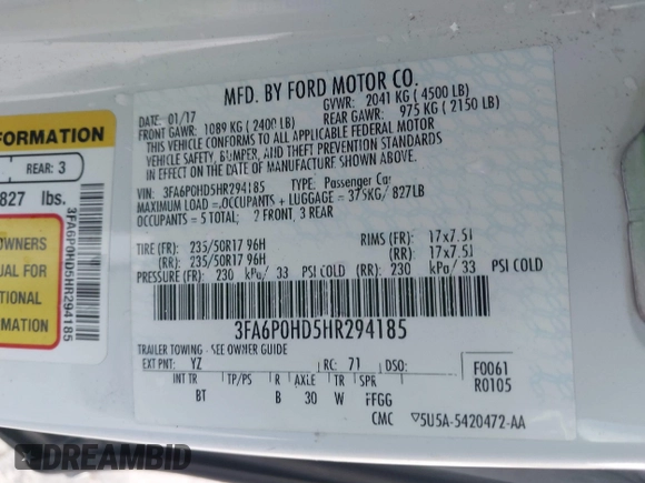 2017 Ford Fusion SE with VIN 3FA6P0HD5HR294185, listed as a IAAI auction lot 41818547 with 115,008 mi miles. Bid and sale history available at carsss.com. Image 9.