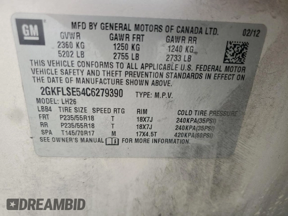 2012 GMC Terrain SLE-2 with VIN 2GKFLSE54C6279390, listed as a Copart auction lot 54244725 with 167,308 mi miles and Salvage Title. Bid and sale history available at carsss.com. Image 14.