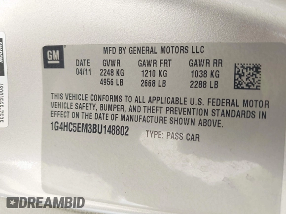 2011 Buick Lucerne CXL with VIN 1G4HC5EM3BU148802, listed as a IAAI auction lot 41961785 with 113,060 mi miles and . Bid and sale history available at carsss.com. Image 9.
