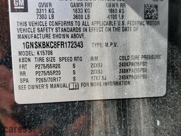 2015 Chevrolet Tahoe LT with VIN 1GNSKBKC8FR172343, listed as a Copart auction lot 47837545 with 0 mi miles and Salvage Title. Bid and sale history available at carsss.com. Image 13.