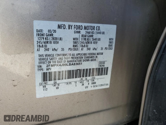 2020 Ford Edge SEL with VIN 2FMPK4J99LBA83651, listed as a Copart auction lot 50060495 with 28,273 mi miles and Salvage Title. Bid and sale history available at carsss.com. Image 13.