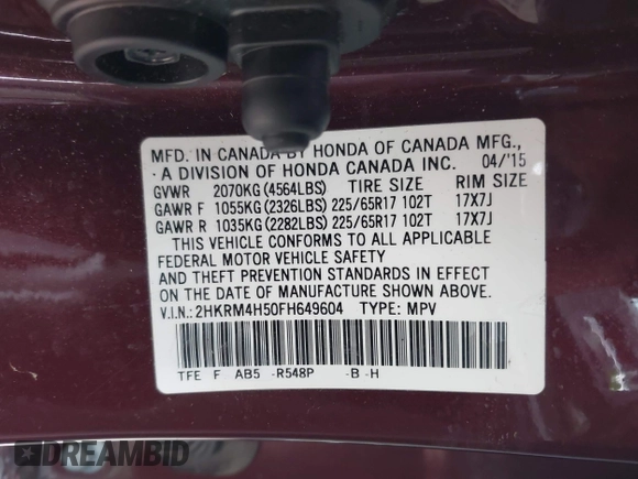 2015 Honda CR-V EX with VIN 2HKRM4H50FH649604, listed as a IAAI auction lot 41877999 with 76,196 mi miles and . Bid and sale history available at DreamBid. Image 9.