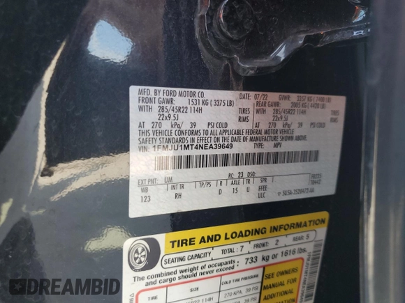 2022 Ford Expedition Platinum with VIN 1FMJU1MT4NEA39649, listed as a Copart auction lot 52614555 with 44,544 mi miles and Salvage title. Bid and sale history available at DreamBid. Image 14.