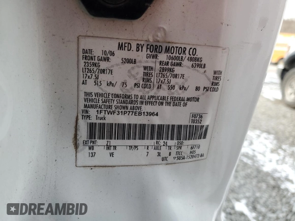 2007 Ford F-350 XL with VIN 1FTWF31P77EB13964, listed as a Copart auction lot 86046944 with 126,568 mi miles and Salvage title. Bid and sale history available at DreamBid. Image 10.