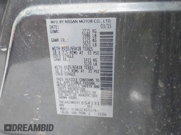 2015 Nissan Pathfinder SL with VIN 5N1AR2MM3FC654531, listed as a IAAI auction lot 41715163 with 160,808 mi miles and . Bid and sale history available at DreamBid. Image 9.