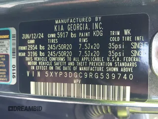 2024 Kia Telluride EX X-Line with VIN 5XYP3DGC9RG539740, listed as a IAAI auction lot 42330422 with 28,216 mi miles and . Bid and sale history available at DreamBid. Image 9.