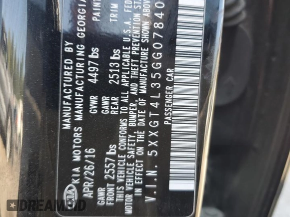 2016 Kia Optima LX with VIN 5XXGT4L35GG078401, listed as a Copart auction lot 52289455 with 116,460 mi miles and Salvage Title. Bid and sale history available at carsss.com. Image 12.