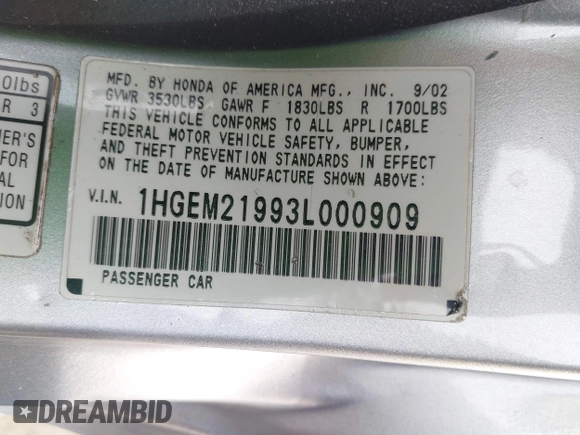 2003 Honda Civic EX with VIN 1HGEM21993L000909, listed as a IAAI auction lot 41663246 with 279,941 mi miles. Bid and sale history available at carsss.com. Image 9.