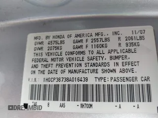 2008 Honda Accord EX with VIN 1HGCP36738A016439, listed as a IAAI auction lot 42254966 with 251,754 mi miles and . Bid and sale history available at DreamBid. Image 9.