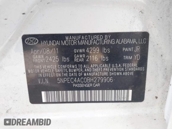 2011 Hyundai Sonata Limited with VIN 5NPEC4AC0BH279906, listed as a IAAI auction lot 41948774 with 146,742 mi miles and . Bid and sale history available at DreamBid. Image 9.