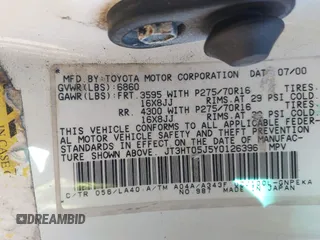 2000 Toyota Land Cruiser z VIN JT3HT05J5Y0126396, wystawiony jako IAAI lot #41986185 z przebiegiem 201 156 mil mil oraz . Historia ofert i sprzedaży dostępna na DreamBid. Obrazek 9.