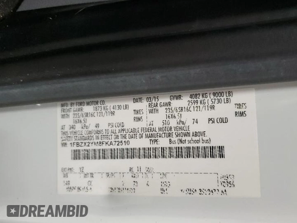 2015 Ford Transit XL with VIN 1FBZX2YM8FKA72510, listed as a Copart auction lot 54412175 with 128,662 mi miles and Clean Title. Bid and sale history available at DreamBid. Image 13.
