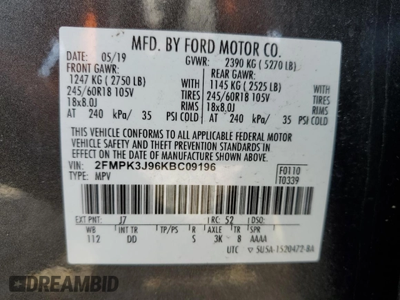 2019 Ford Edge SEL with VIN 2FMPK3J96KBC09196, listed as a Copart auction lot 51105505 with 143,131 mi miles and Clean Title. Bid and sale history available at carsss.com. Image 12.