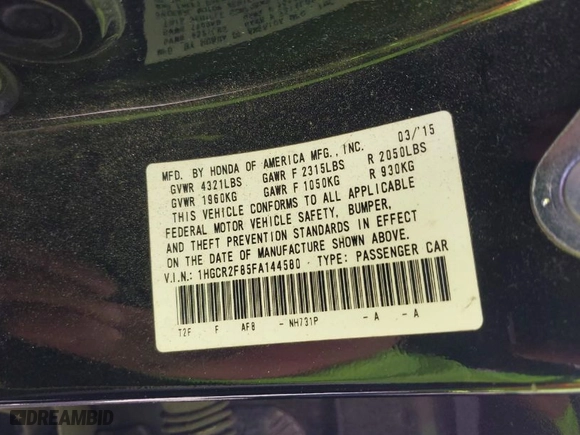 2015 Honda Accord Sedan EX-L with VIN 1HGCR2F85FA144580, listed as a IAAI auction lot 41674096 with 159,293 mi miles. Bid and sale history available at carsss.com. Image 9.