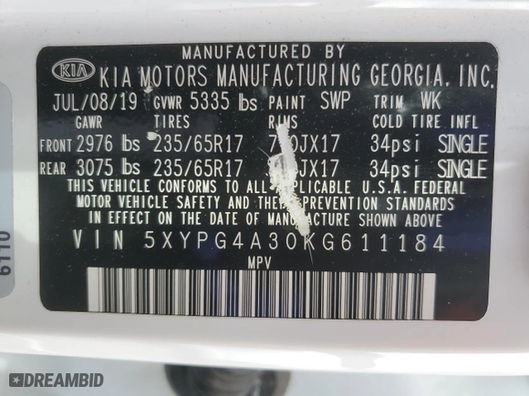 2019 Kia Sorento L with VIN 5XYPG4A30KG611184, listed as a Copart auction lot 87066884 with 113,063 mi miles and Salvage Title. Bid and sale history available at carsss.com. Image 12.