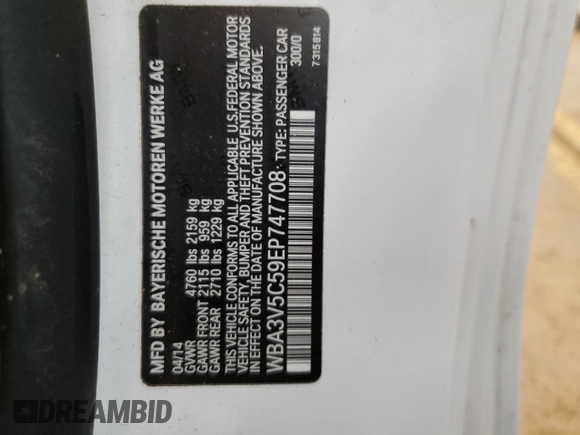 2014 BMW 4 Series 428i with VIN WBA3V5C59EP747708, listed as a Copart auction lot 44748935 with Not provided miles and Salvage title. Bid and sale history available at DreamBid. Image 14.