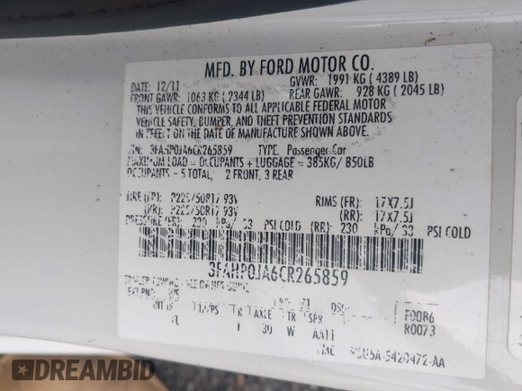 2012 Ford Fusion SEL with VIN 3FAHP0JA6CR265859, listed as a IAAI auction lot 42704275 with 162,488 mi miles and . Bid and sale history available at DreamBid. Image 9.