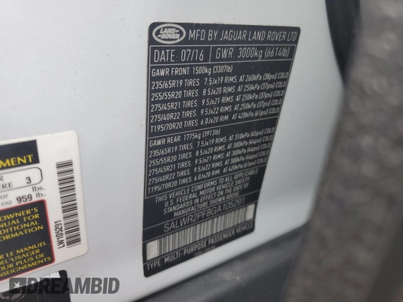 2016 Land Rover Range Rover Sport HSE with VIN SALWR2PF8GA105291, listed as a Copart auction lot 62156345 with 102,511 mi miles and Clean title. Bid and sale history available at DreamBid. Image 12.