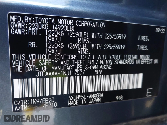 2022 Toyota Venza LE with VIN JTEAAAAH1NJ117577, listed as a IAAI auction lot 41803675 with 34,562 mi miles. Bid and sale history available at carsss.com. Image 9.