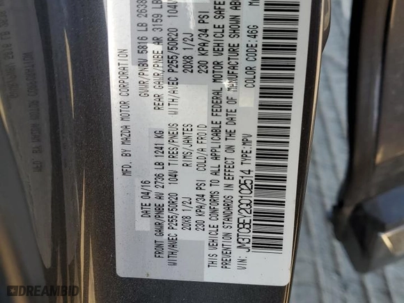 2016 Mazda CX-9 Signature with VIN JM3TCBEY2G0102514, listed as a Copart auction lot 52732055 with 0 mi miles and Salvage Title. Bid and sale history available at carsss.com. Image 13.