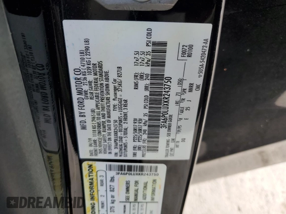 2019 Ford Fusion Hybrid SE with VIN 3FA6P0LUXKR243750, listed as a Copart auction lot 52634935 with 111,757 mi miles and Salvage Title. Bid and sale history available at carsss.com. Image 12.