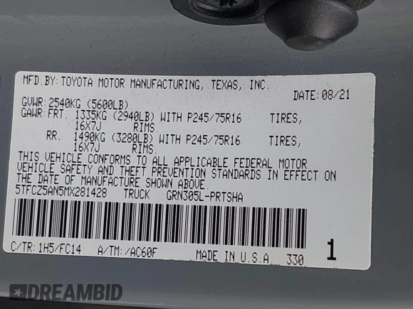 2021 Toyota Tacoma SR z VIN 5TFCZ5AN5MX281428, wystawiony jako IAAI lot #41893437 z przebiegiem 36 204 mil mil oraz . Historia ofert i sprzedaży dostępna na DreamBid. Obrazek 9.