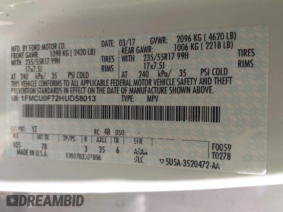 2017 Ford Escape S with VIN 1FMCU0F72HUD58013, listed as a IAAI auction lot 42479636 with 116,056 mi miles and . Bid and sale history available at DreamBid. Image 9.