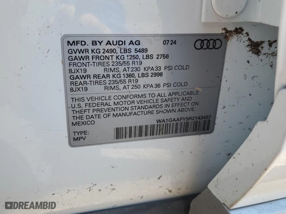 2024 Audi Q5 S line Premium with VIN WA1GAAFY9R2143457, listed as a Copart auction lot 51952465 with 1,480 mi miles and Salvage Title. Bid and sale history available at carsss.com. Image 14.