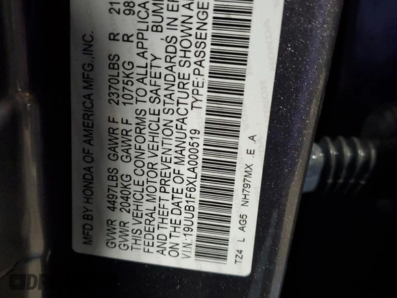 2020 Acura TLX w/A-Spec Pkg with VIN 19UUB1F6XLA000519, listed as a Copart auction lot 55957325 with Not provided miles and Non repairable. Bid and sale history available at DreamBid. Image 13.