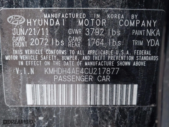 2012 Hyundai Elantra GLS with VIN KMHDH4AE4CU217877, listed as a IAAI auction lot 41927929 with 999,999 mi miles. Bid and sale history available at carsss.com. Image 9.