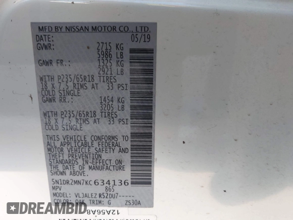 2019 Nissan Pathfinder S with VIN 5N1DR2MN7KC634136, listed as a IAAI auction lot 42195038 with 102,619 mi miles and . Bid and sale history available at DreamBid. Image 9.