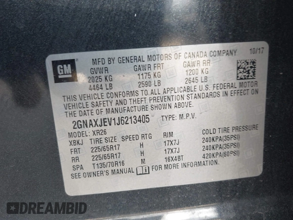 2018 Chevrolet Equinox LT with VIN 2GNAXJEV1J6213405, listed as a IAAI auction lot 41985255 with 87,811 mi miles and . Bid and sale history available at DreamBid. Image 9.