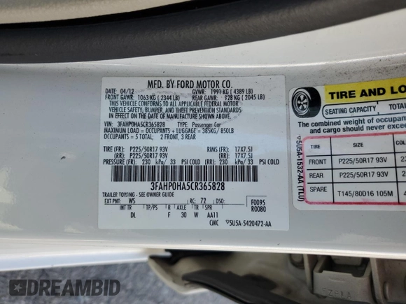 2012 Ford Fusion SE with VIN 3FAHP0HA5CR365828, listed as a Copart auction lot 61581295 with 142,207 mi miles and Salvage title. Bid and sale history available at DreamBid. Image 12.