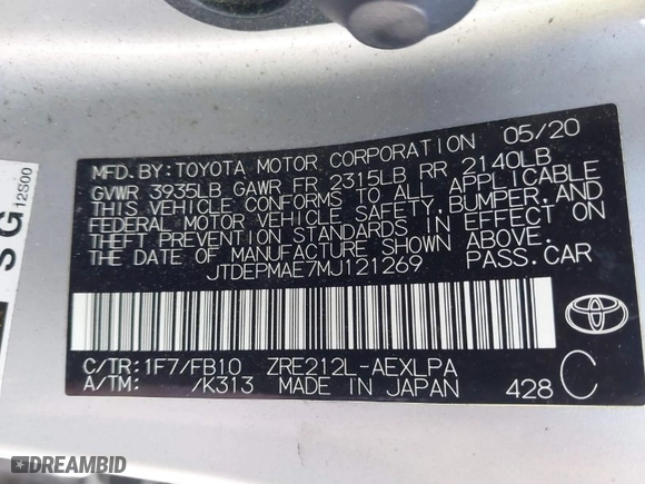2021 Toyota Corolla LE with VIN JTDEPMAE7MJ121269, listed as a IAAI auction lot 41506424 with 122,669 mi miles. Bid and sale history available at carsss.com. Image 9.