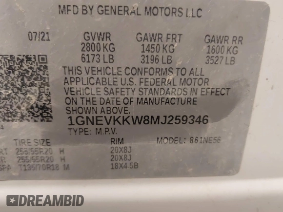 2021 Chevrolet Traverse Premier with VIN 1GNEVKKW8MJ259346, listed as a IAAI auction lot 41810312 with 80,474 mi miles. Bid and sale history available at carsss.com. Image 9.