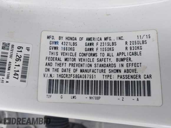 2016 Honda Accord Sport with VIN 1HGCR2F58GA067551, listed as a IAAI auction lot 41788303 with 101,033 mi miles and . Bid and sale history available at DreamBid. Image 9.