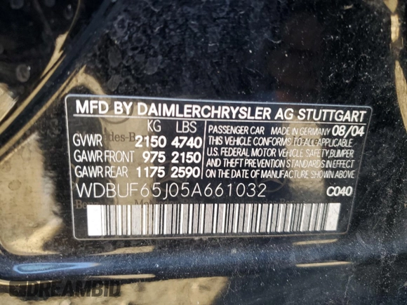 2005 Mercedes-Benz E-Class 3.2L with VIN WDBUF65J05A661032, listed as a Copart auction lot 45510375 with 167,360 mi miles and Salvage Title. Bid and sale history available at carsss.com. Image 12.