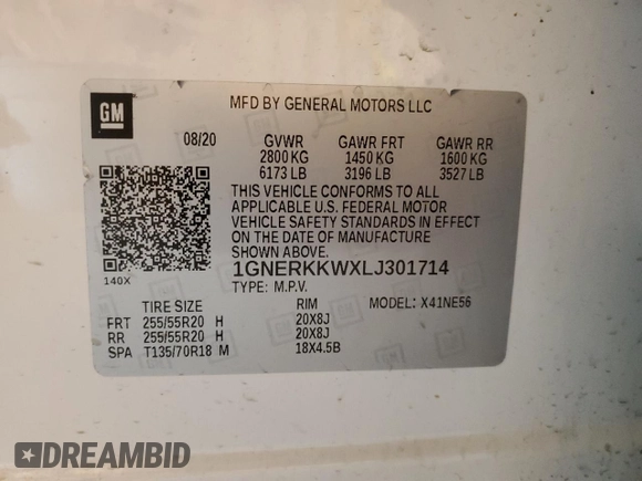 2020 Chevrolet Traverse Premier with VIN 1GNERKKWXLJ301714, listed as a Copart auction lot 50269755 with 83,372 mi miles and Salvage title. Bid and sale history available at DreamBid. Image 14.