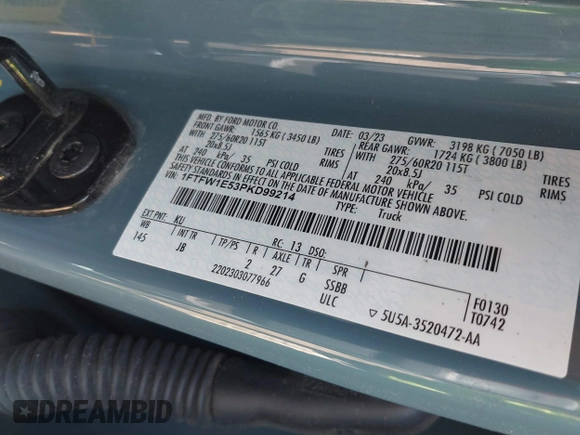 2023 Ford F-150 XL with VIN 1FTFW1E53PKD99214, listed as a IAAI auction lot 42211755 with 31 mi miles and . Bid and sale history available at DreamBid. Image 9.