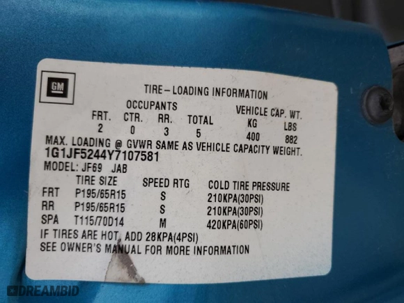 2000 Chevrolet Cavalier LS with VIN 1G1JF5244Y7107581, listed as a Copart auction lot 43988535 with 33,001 mi miles and Salvage Title. Bid and sale history available at carsss.com. Image 14.