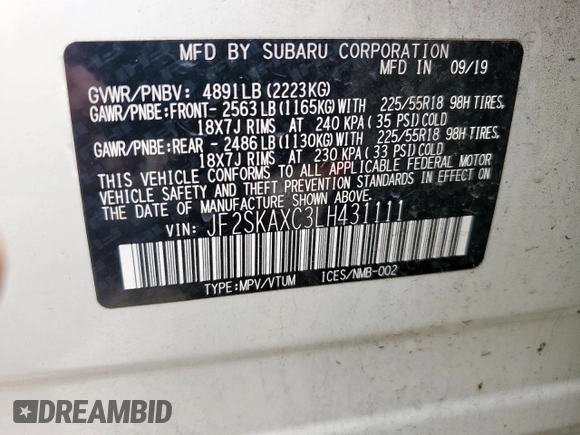 2020 Subaru Forester Touring with VIN JF2SKAXC3LH431111, listed as a Copart auction lot 60539515 with 88,853 mi miles and Salvage title. Bid and sale history available at DreamBid. Image 14.