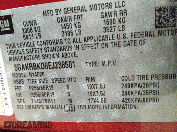 2014 Buick Enclave Leather with VIN 5GAKRBKD8EJ238501, listed as a IAAI auction lot 40883285 with 129,651 mi miles and . Bid and sale history available at carsss.com. Image 9.